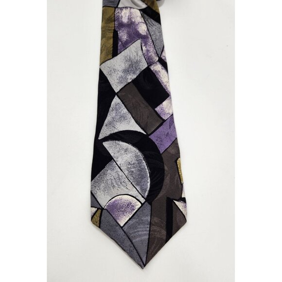 Mario Valentino Tie Mens Silk Black Purple Gray Abstract‎ Pattern Italy EUC - Picture 2 of 7